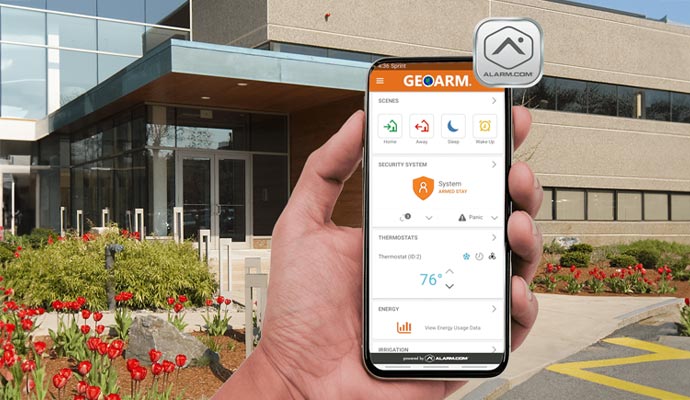 A mobile app interface featuring commercial alarm system