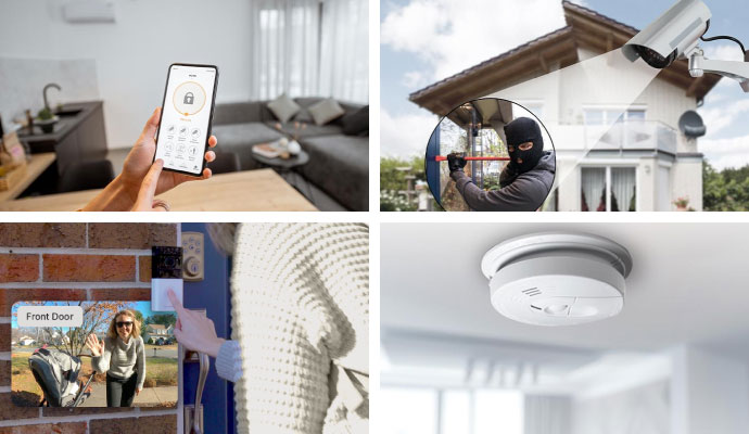 Collage of smart app control, burglary detection camera, video doorbell view, and carbon monoxide detector