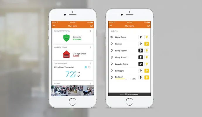 Two smartphones side-by-side displaying the Alarm.com app interface