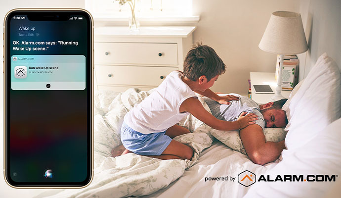 Alarm.com smart home wake up scene with siri voice integration