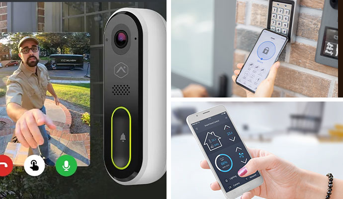 A collage showing a smart video doorbell with a person at the door, a mobile app controlling home security, and a phone being used for keyless entry at a keypad