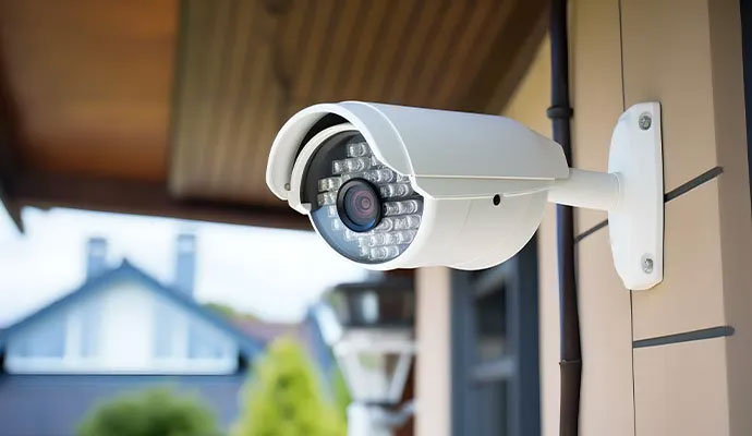 Outdoor bullet security camera mounted on a house