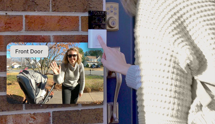 Smart video doorbell showing front door camera view