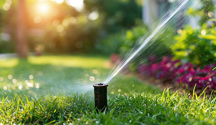 Automated pop-up lawn sprinkler head watering green grass