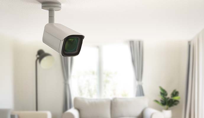 Mini-bullet security camera mounted on ceiling overlooking living room