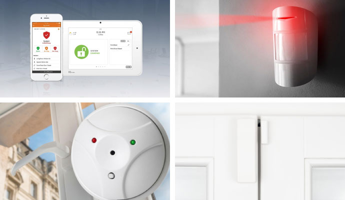 Collage of interactive panel app, motion sensor, glass break detector, and window sensor