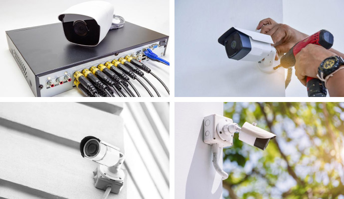 Collage of CCTV cameras installation and DVR system