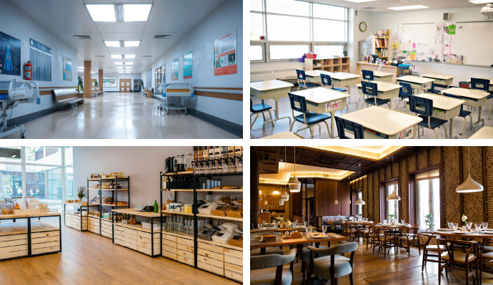 Collage of commercial sectors hospital school retail restaurant