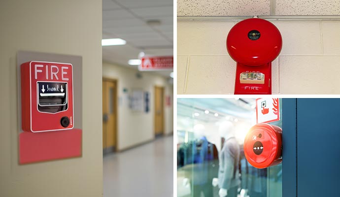 Collage of fire alarm system in healthcare school and retail store