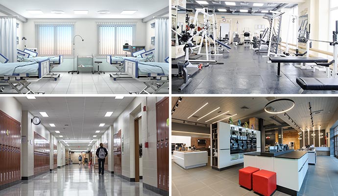 Collage of healthcare, fitness, education, and retail for analog security.