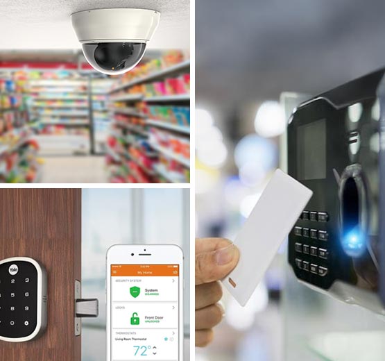 Collage of security camera, smart lock, and access control system for business security