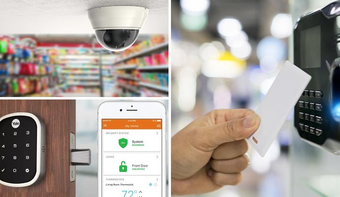 Collage of security camera, smart lock, and access control system for business security