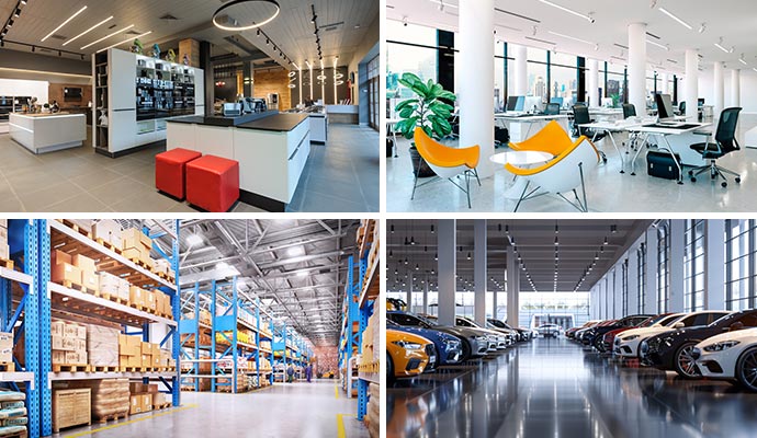 A collage showing a shopping centers, a bright office, a large warehouse, and a luxury car dealership.