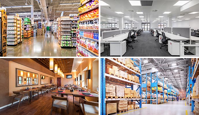 Collage of retail stores, a restaurant, and an office space