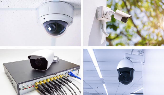 Collage of commercial security cameras including dome, bullet, PTZ, and an NVR system for business surveillance