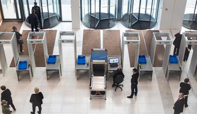 An overhead view of a security checkpoint with installed metal detector