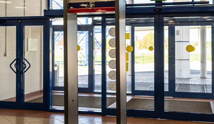 A metal detector walkthrough gate installed at a public entrance or exit
