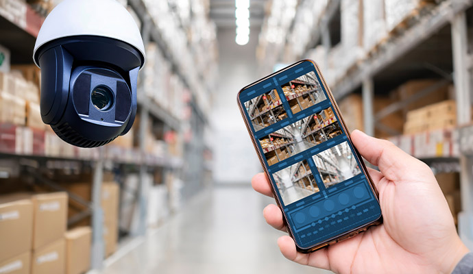 Mobile phone with warehouse CCTV remote monitoring