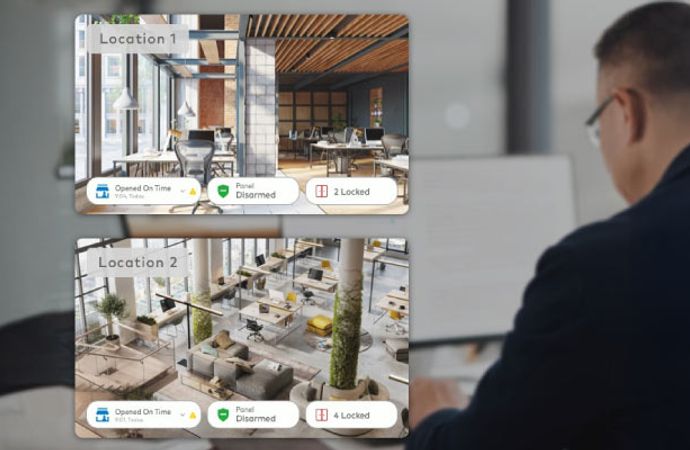 Security staff monitoring business areas on multiple screens