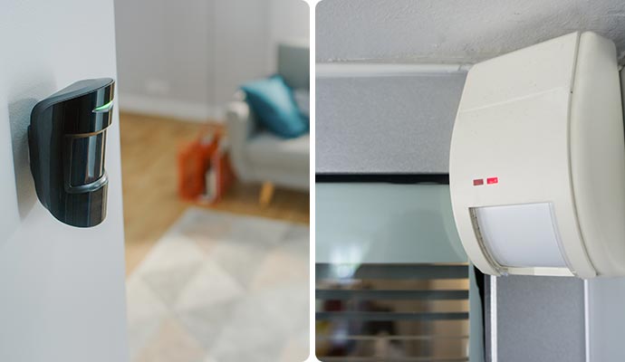 Collage of motion sensor in residential and commercial spaces