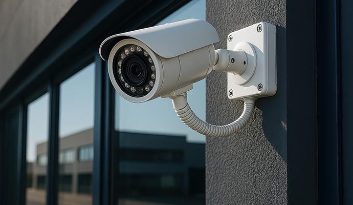 Outdoor security camera mounted on wall
