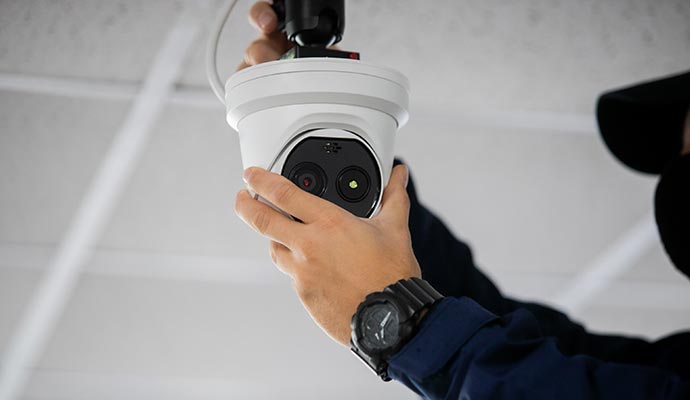 Professional man installing video camera for business security.