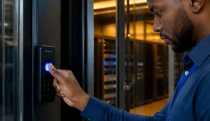 Data center technician using fingerprint scanner