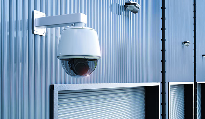 Wall-mounted outdoor dome camera on corrugated wall