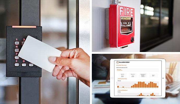 Collage of access control, fire alarms and smart reporting