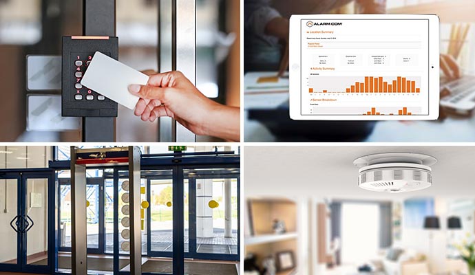 Collage of access control, smart reporting, metal detectors, and smoke detectors