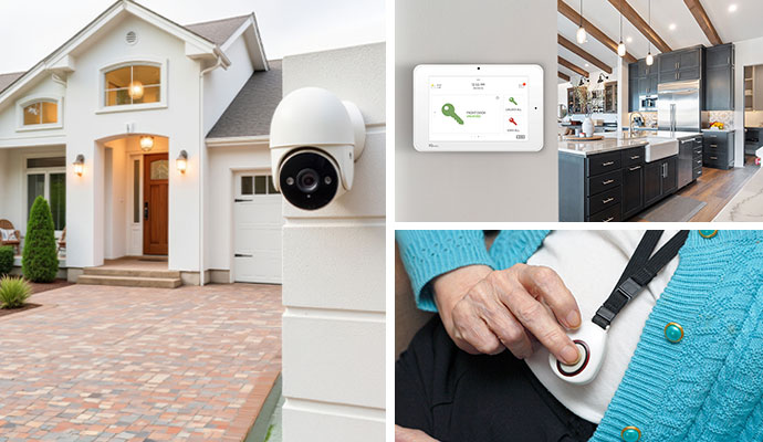 Collage of an installed outdoor security camera, smart control panel and an elderly woman pressing a wearable medical alert panic button