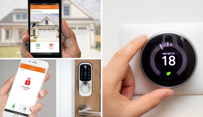 Collage of app controlled garage door opener and door lock system and a person using smart thermostat