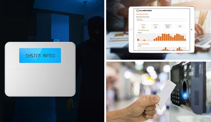 Collage of burglary detection service, smart business report dashboard and access control system