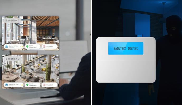 Collage of business monitoring and burglary alarm system