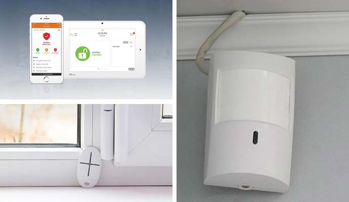 Collage of control panel, window sensor, and motion detector
