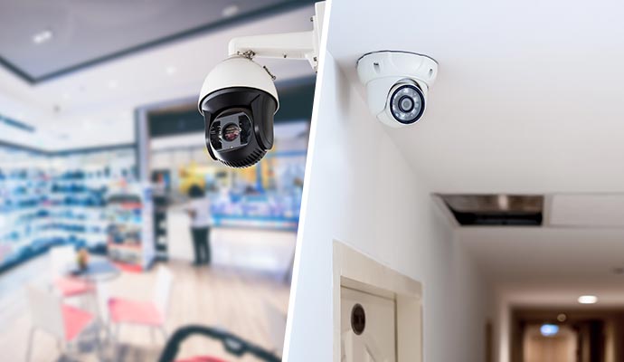 Indoor security cameras in commercial and residential areas Collage of indoor security cameras in commercial and residential areas