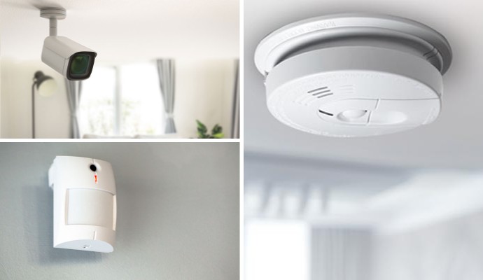 Collage of installed security camera, motion sensor and carbon monoxide detector
