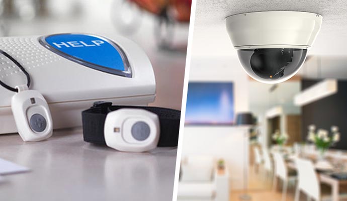 Collage of medical alert system and home security camera