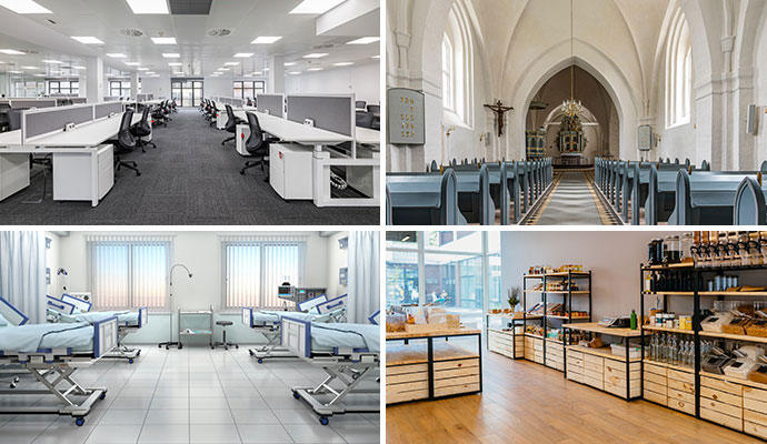 Collage of office, church, hospital and retail store