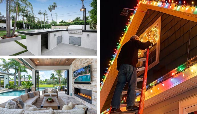 Collage of outdoor kitchen tv and lighting