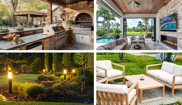 Collage of outdoor kitchen, TV, lighting and furniture