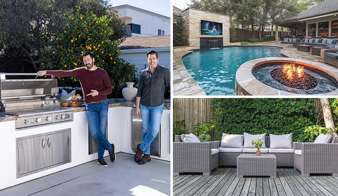 Collage of outdoor kitchen, waterproof TV and patio furniture