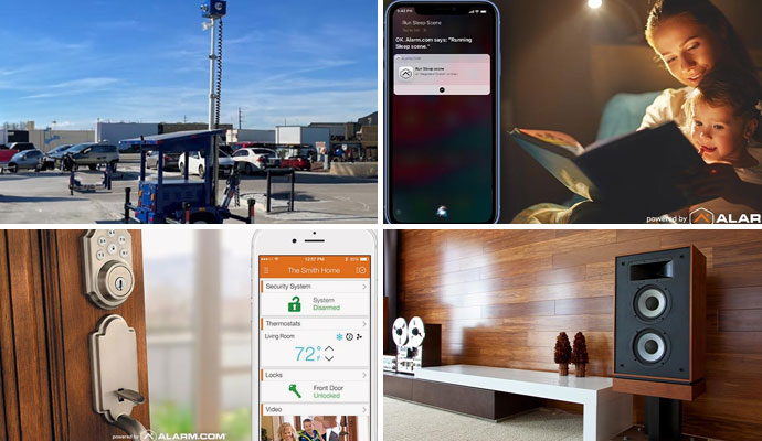Collage of portable surveillance camera, voice control system, smart lock and two way speakers