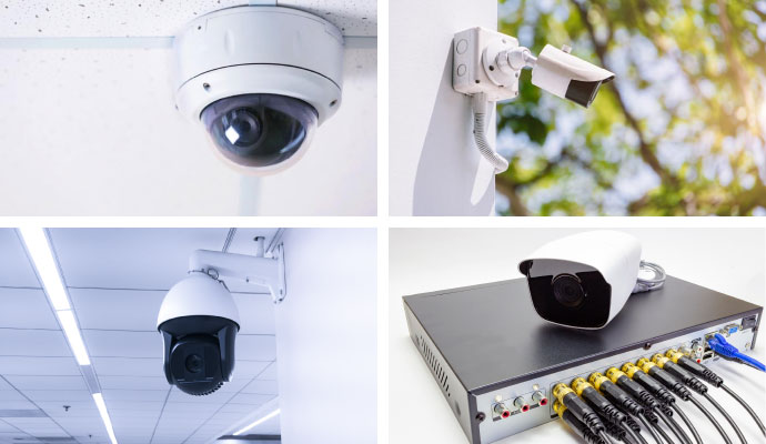 Collage of commercial security cameras including dome, bullet, PTZ, and an NVR system for business
