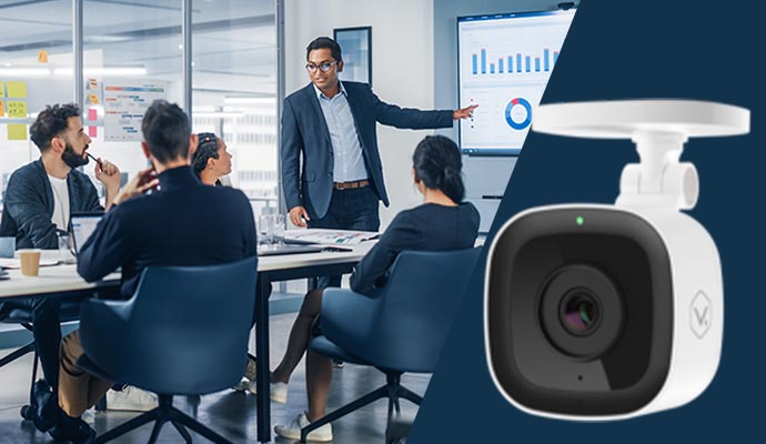 Collage of security camera and people in a business conference room