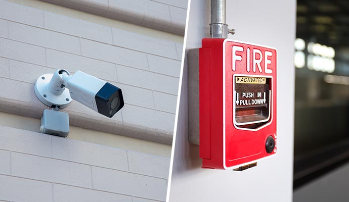 Collage of security camera and fire alarm