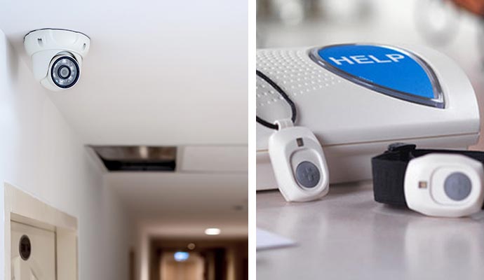 Collage of security camera and medical alert system