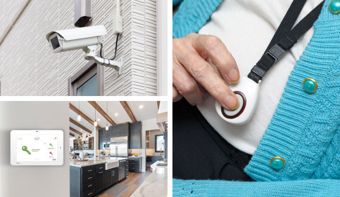 Collage of security camera, home security interactive panel and medical alert system