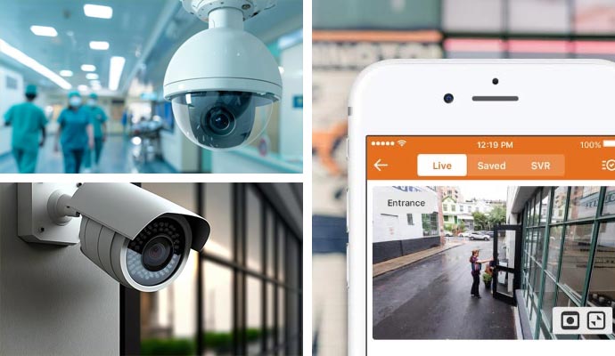 Collage of security camera in different industries