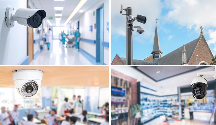 Collage of security camera in hospital, church, school, and retail store